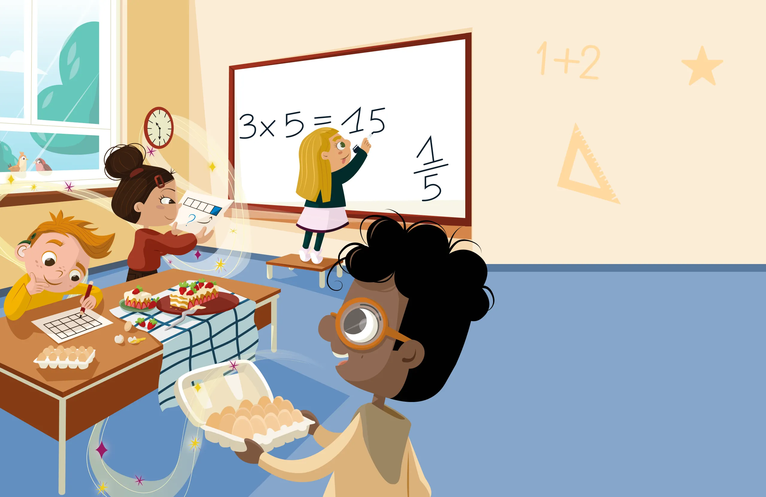 Les personnages de la méthode primaire sont en classe. Ils font plusieurs exercices de mathématiques au tableau, avec des boites d’oeufs ou des grilles.